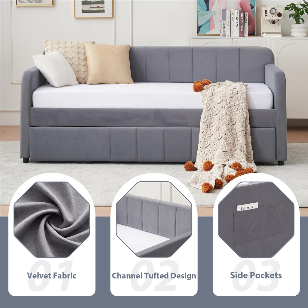 Twin Size Upholstered Daybed with Trundle, Linen Fabric Guest Bed (Gray) J53641