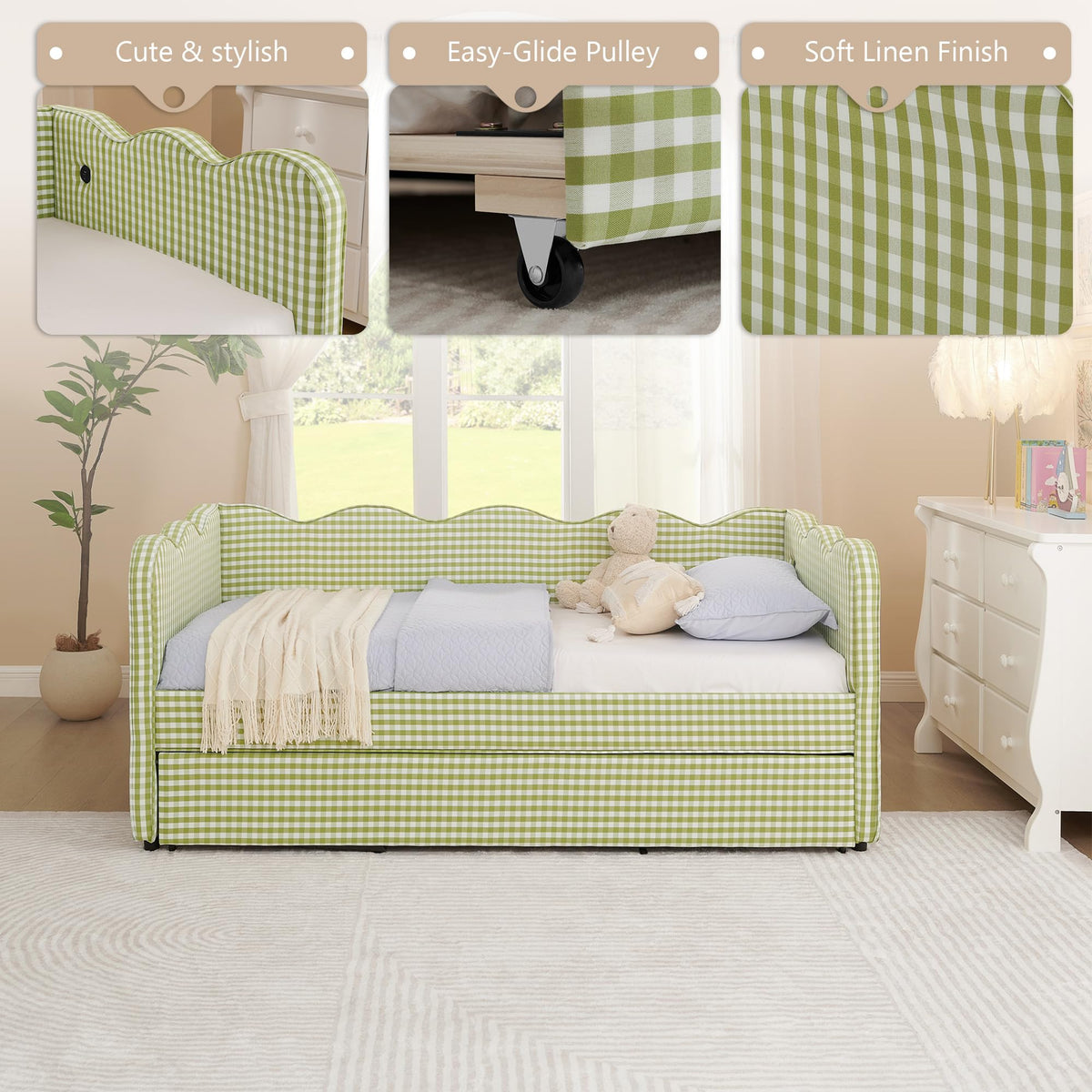 Twin Gingham Upholstered Daybed with Pop Up Trundle Bed O63822
