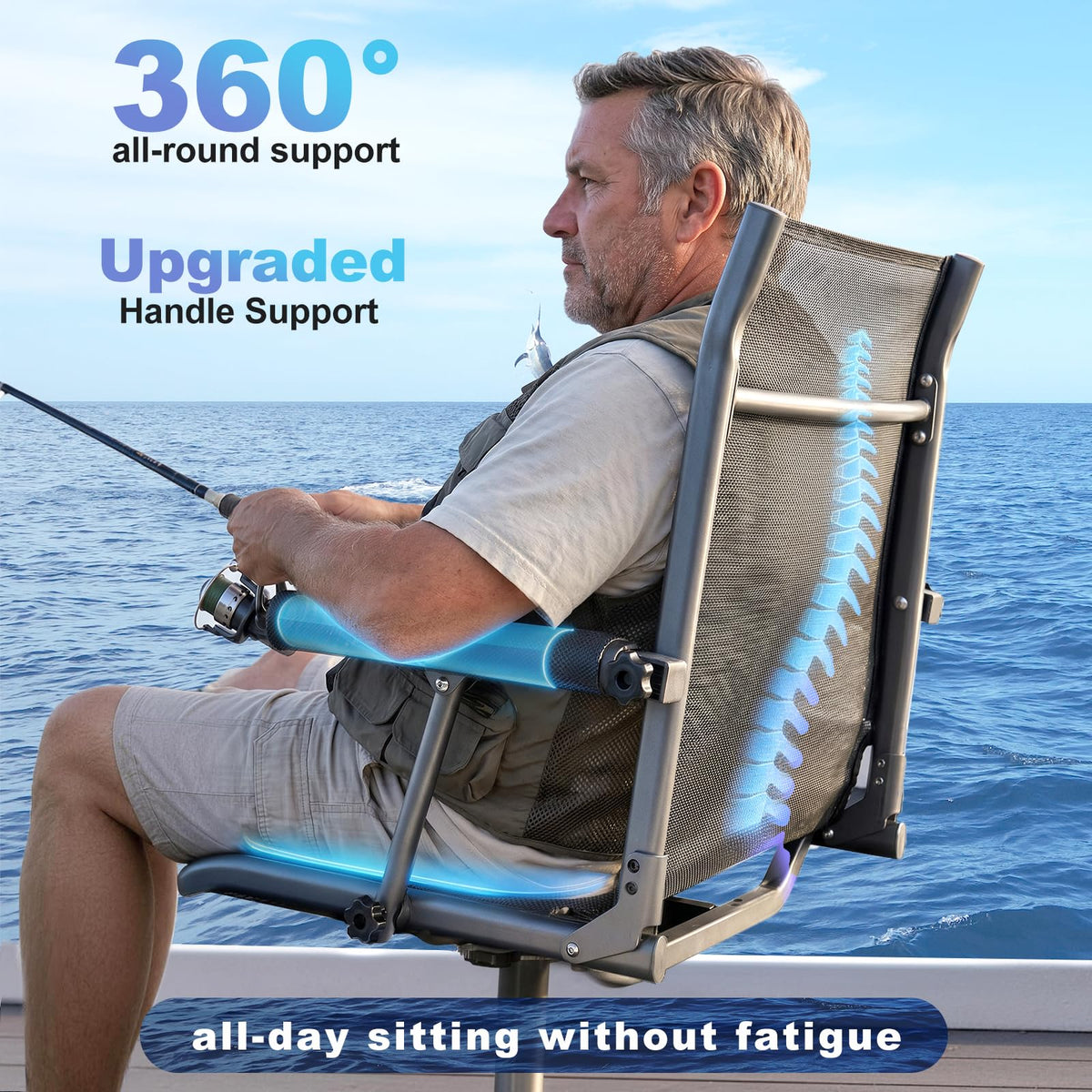 Fishing Boat Seat with Armrest, Mesh Fabric, Aluminum Frame, 350 LBS Capacity, Foldable Z436531