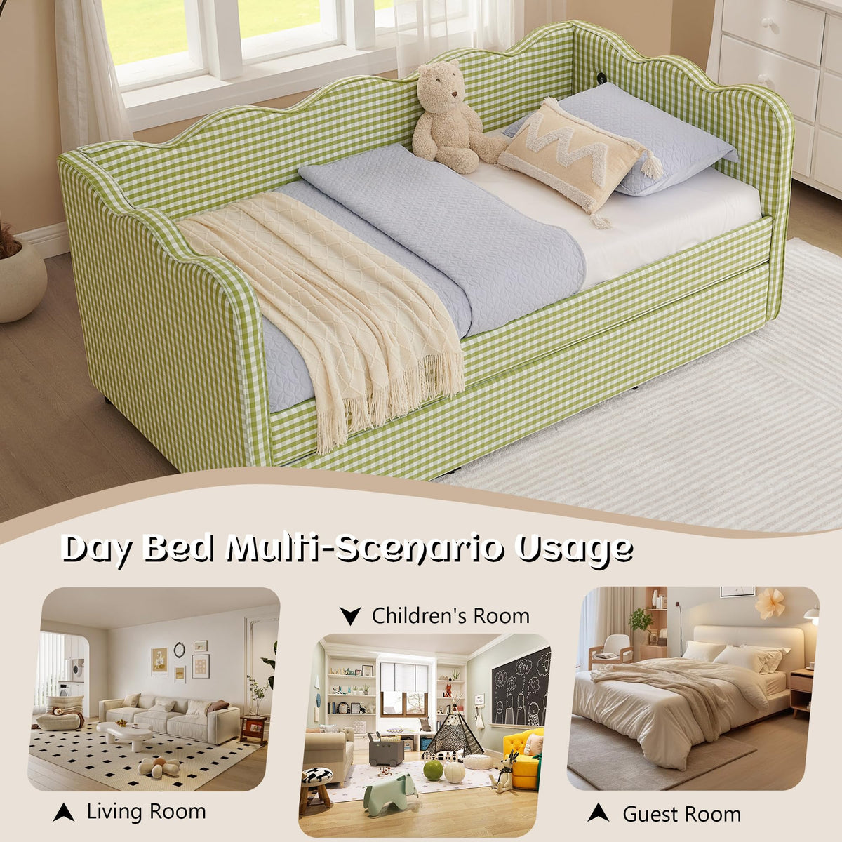 Twin Gingham Upholstered Daybed with Pop Up Trundle Bed O63822