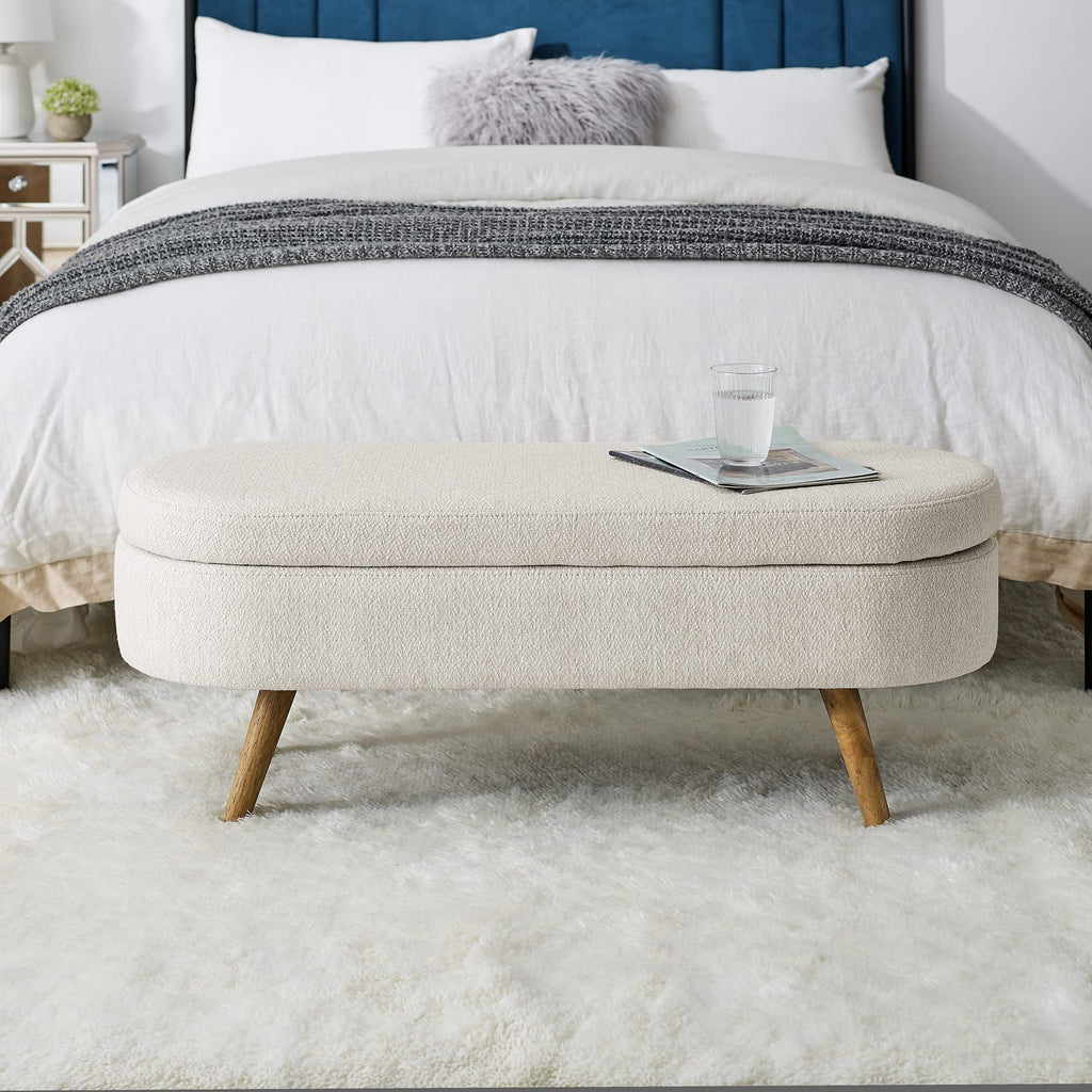 Beige Oval Storage Bench with Rubber Wood Legs I2768
