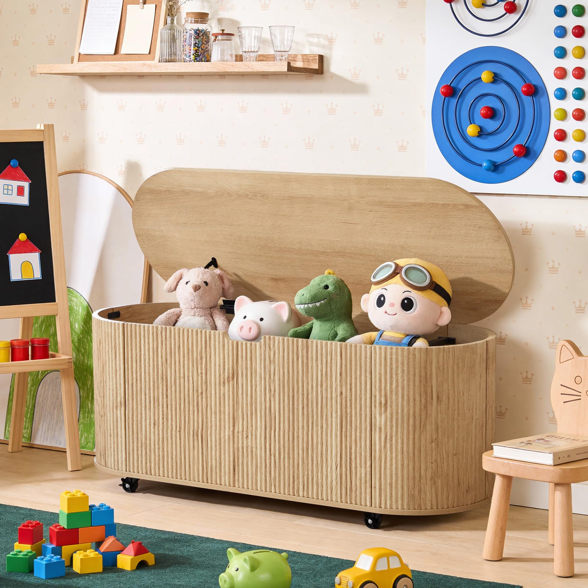 Natural Fluted Storage Bench with 4 Wheels L157
