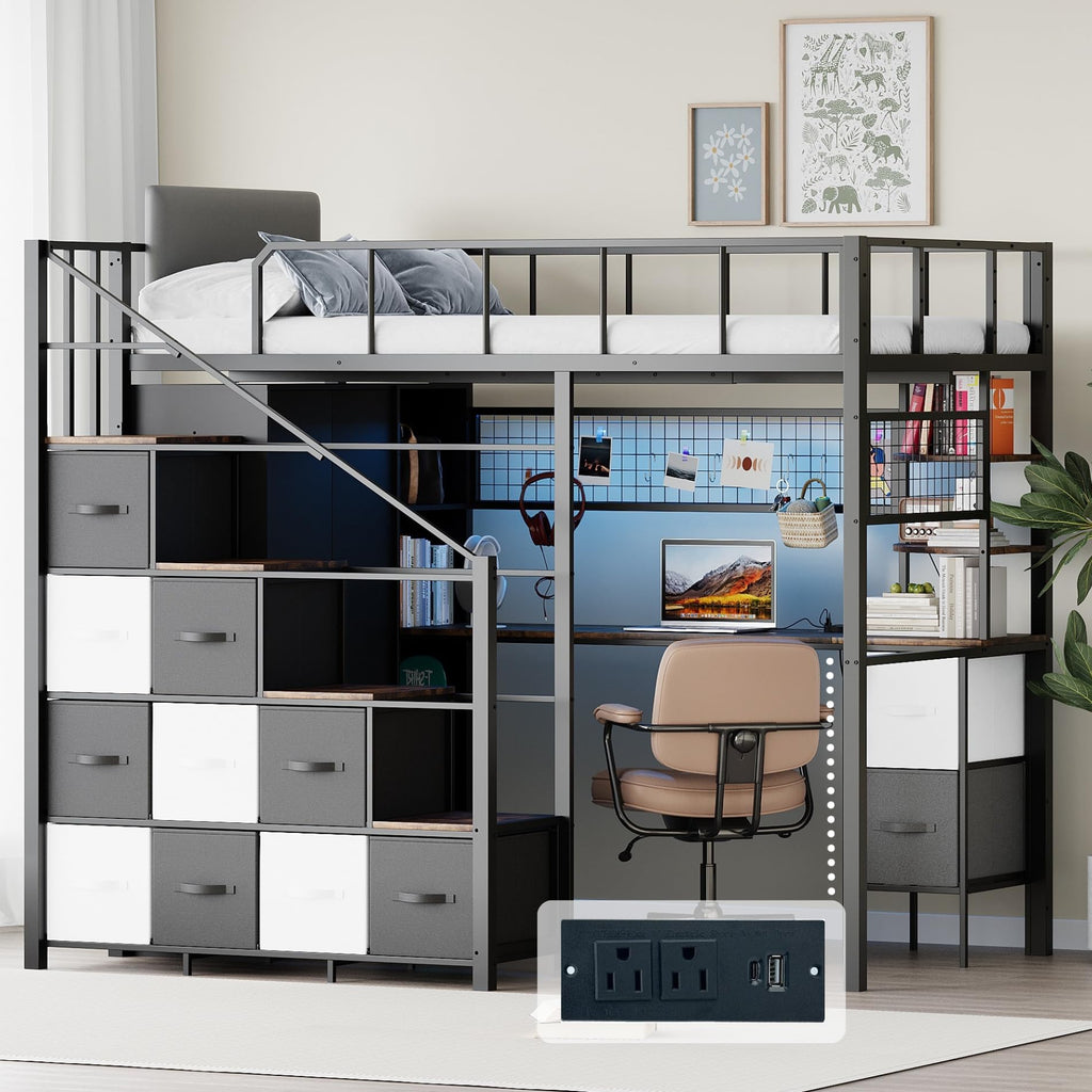 Twin Size Metal Loft Bed with Desk, Stairs, LED Light, Headboard, Guardrail, Charging Station, Closet and Fabric Drawers, Black & Burnt Wood A98893