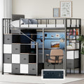 Twin Size Metal Loft Bed with Desk, Stairs, LED Light, Headboard, Guardrail, Charging Station, Closet and Fabric Drawers, Black & Burnt Wood A98893