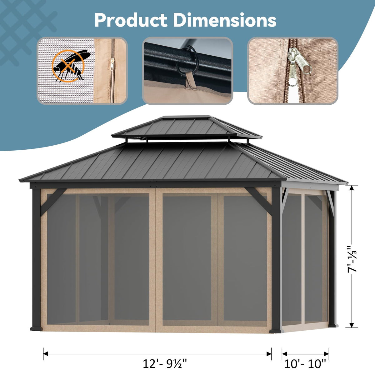 11' x 13' Gazebo Mosquito Netting Replacement 4-Panel Sidewalls with Double Zipper M224331