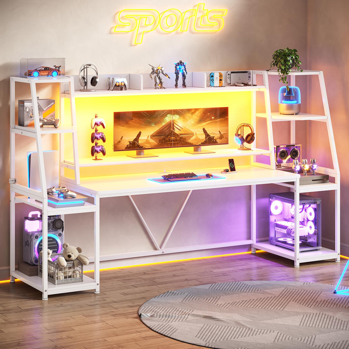 79'' White Gaming Desk with LED Lights and Storage Shelves G481