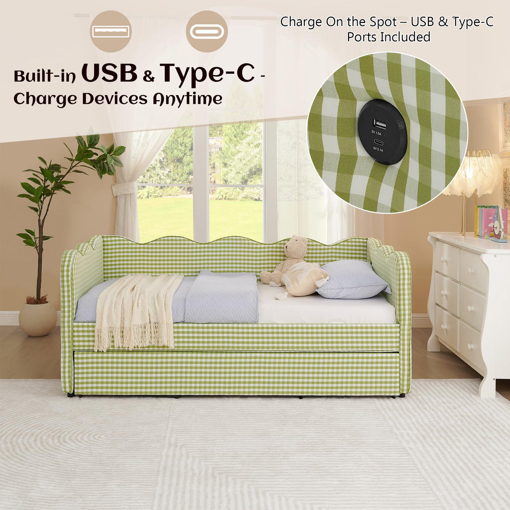Twin Gingham Upholstered Daybed with Pop Up Trundle Bed O63822
