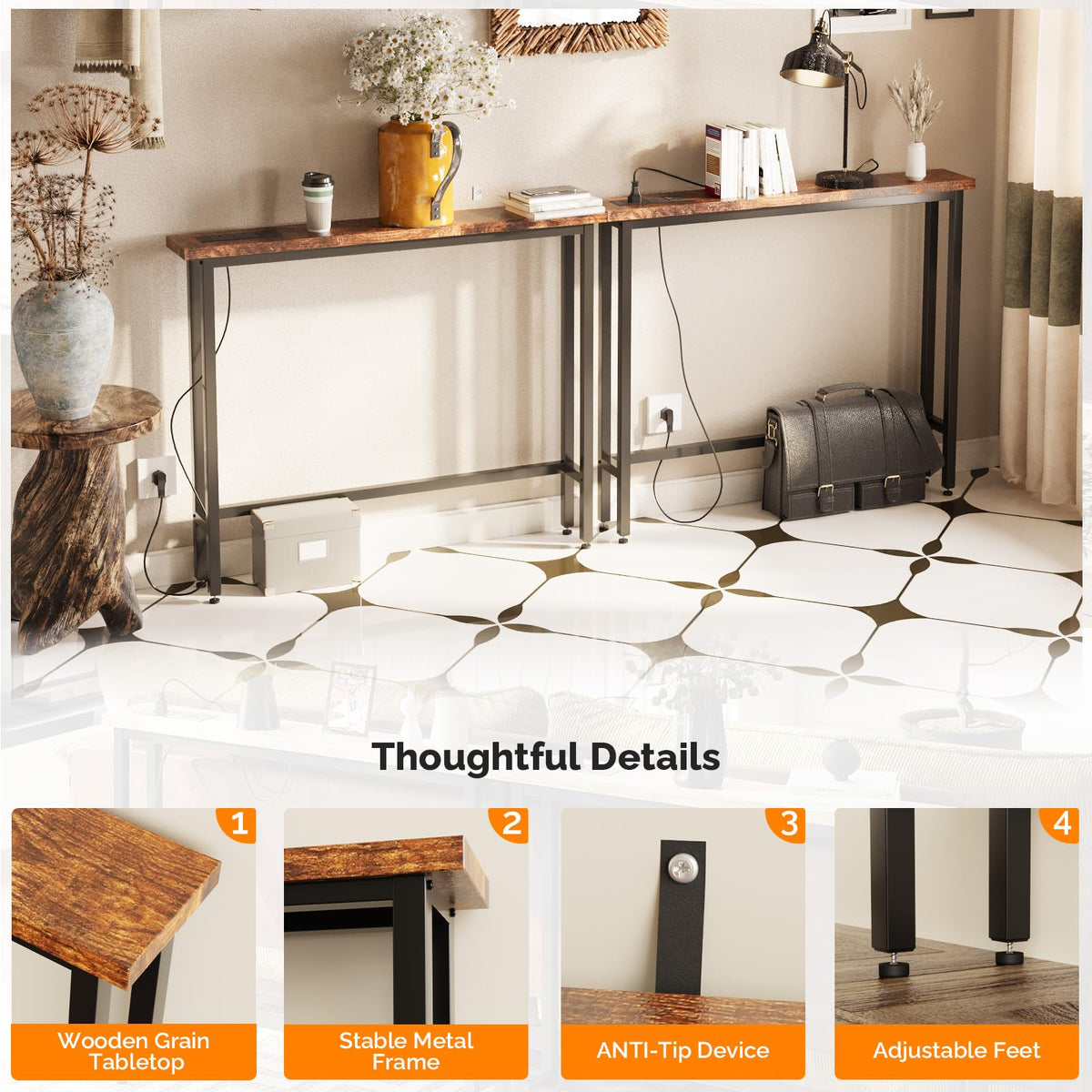 Rustic Brown Narrow Console Table with Power Outlet 2 Pack E2477