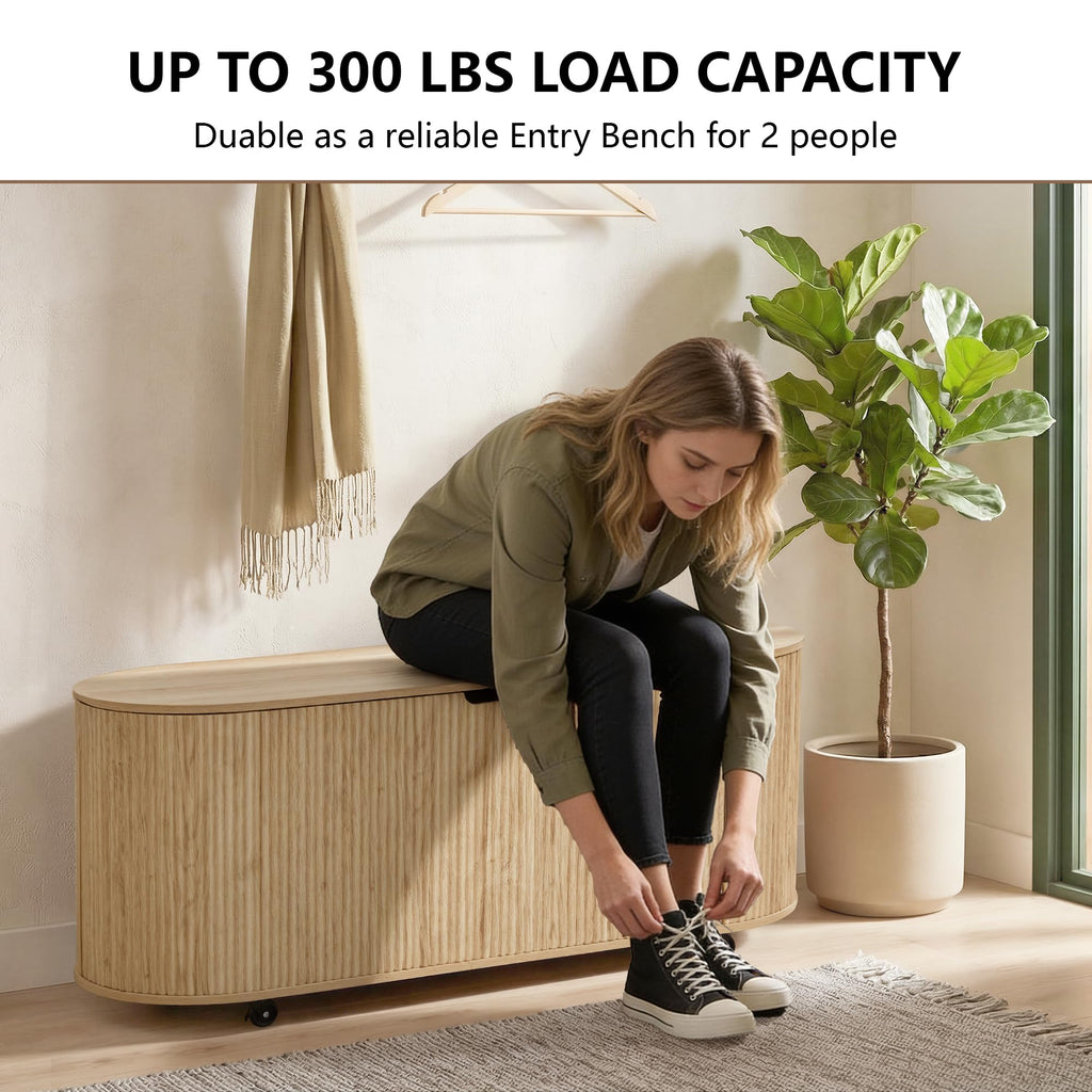 Natural Fluted Storage Bench with 4 Wheels L157