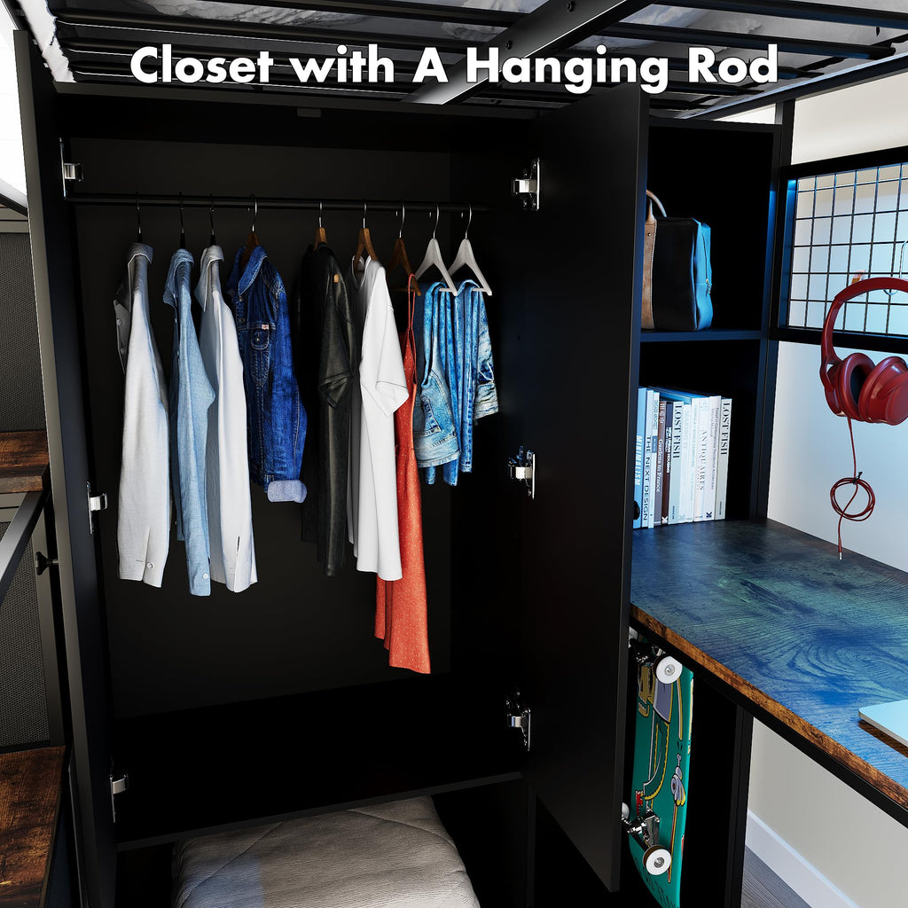 Twin Size Metal Loft Bed with Desk, Stairs, LED Light, Headboard, Guardrail, Charging Station, Closet and Fabric Drawers, Black & Burnt Wood A98893