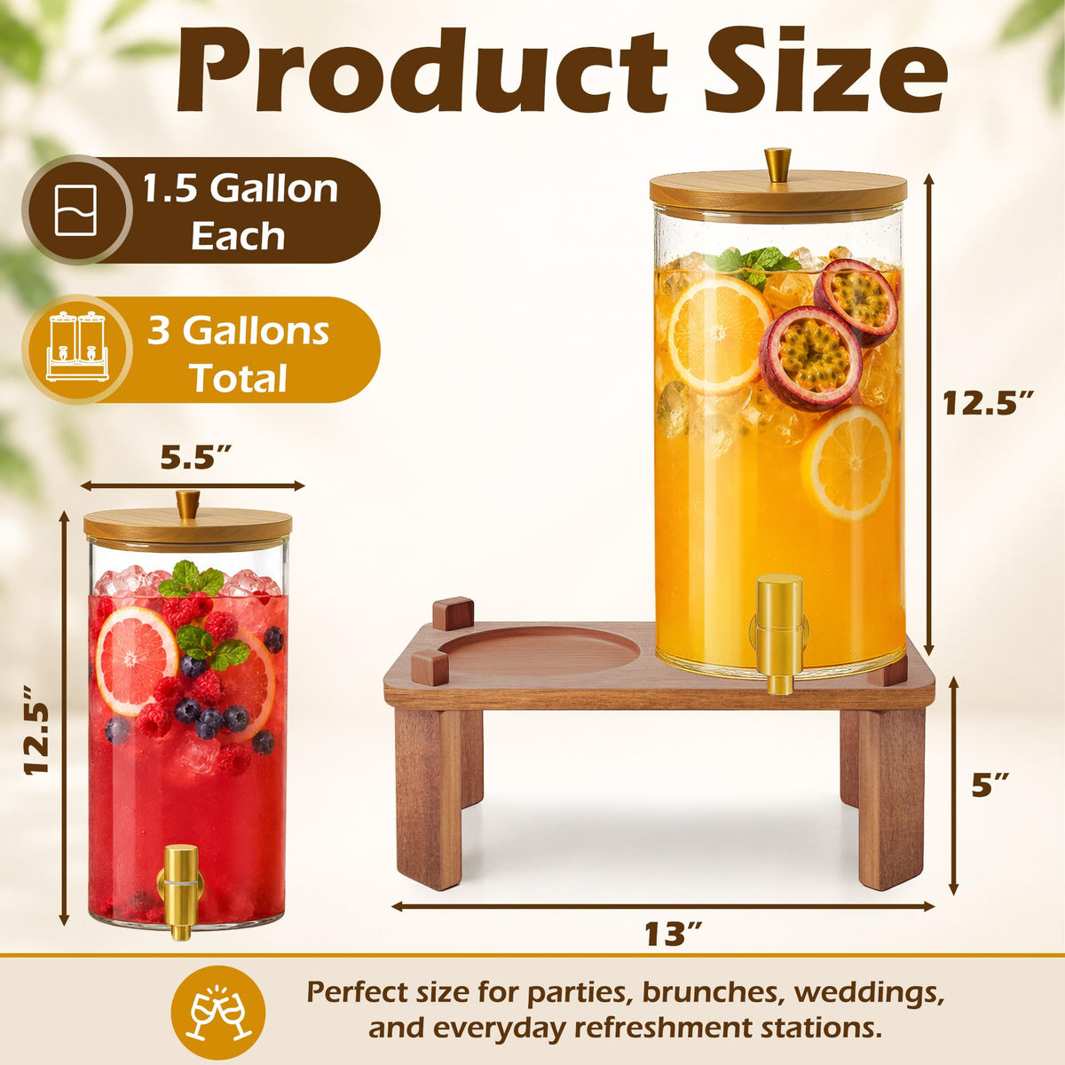 2PCS 1.5 Gallon Glass Beverage Dispenser with Wood Stand W324885