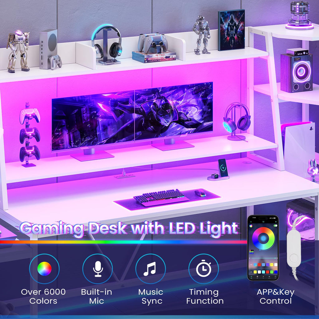 79'' White Gaming Desk with LED Lights and Storage Shelves G481