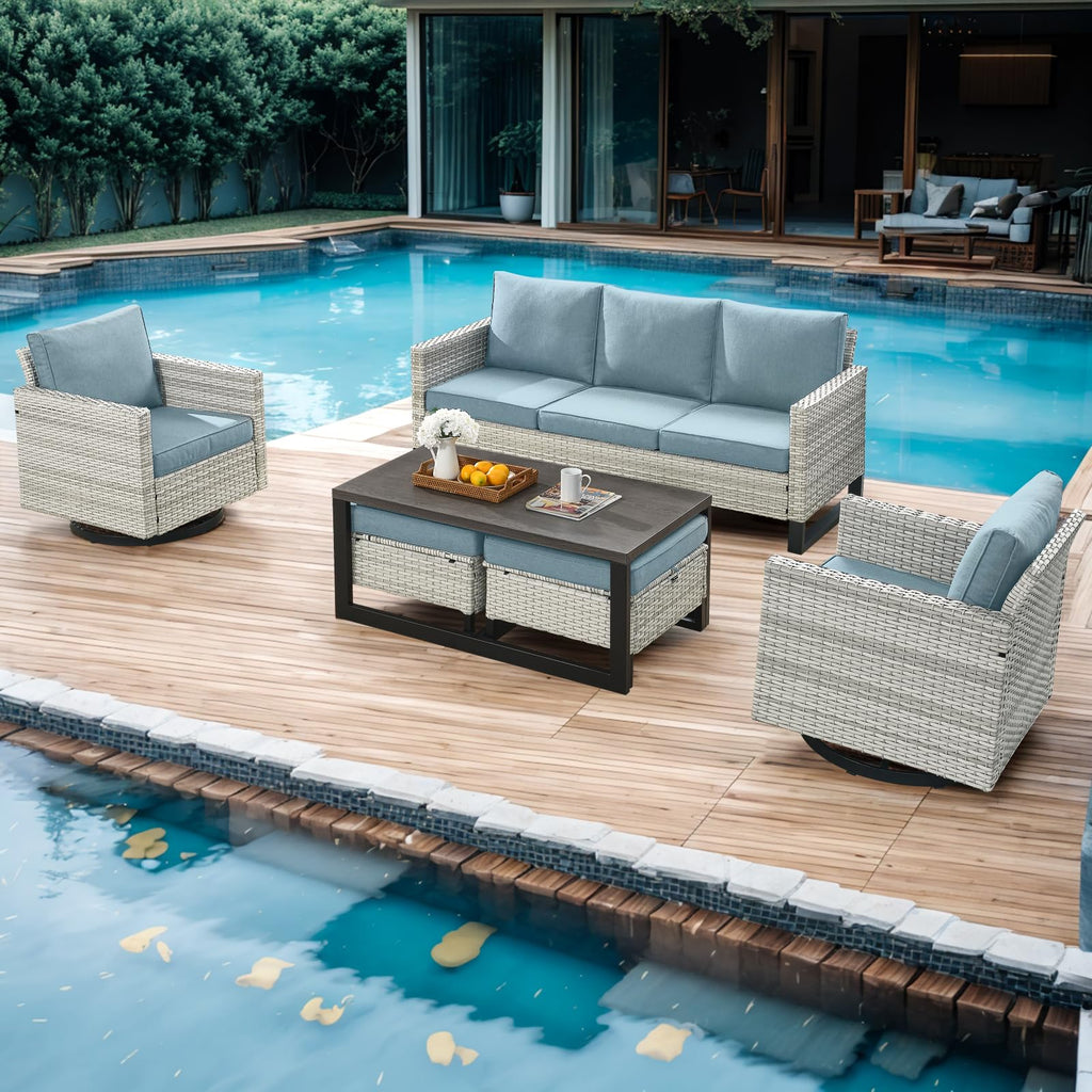 6 Piece Wicker Patio Conversation Set with Swivel Rocker Chairs and Ottoman M26651