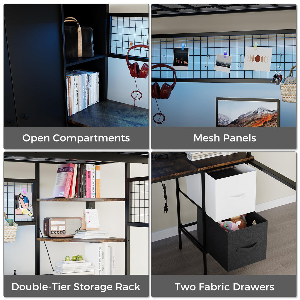 Twin Size Metal Loft Bed with Desk, Stairs, LED Light, Headboard, Guardrail, Charging Station, Closet and Fabric Drawers, Black & Burnt Wood A98893