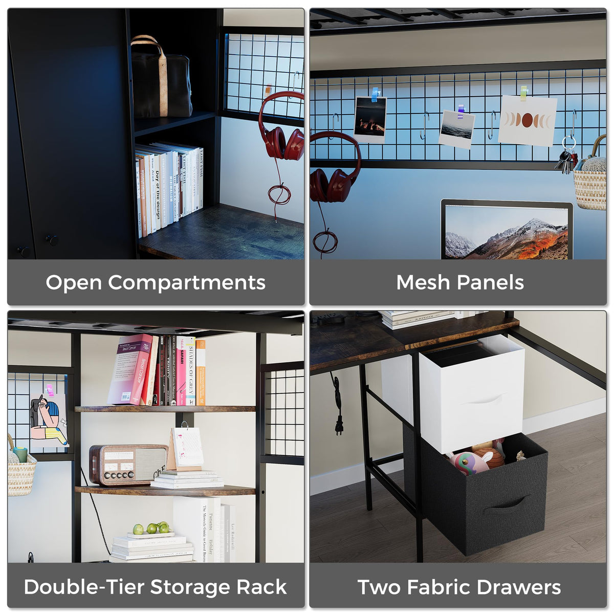 Twin Size Metal Loft Bed with Desk, Stairs, LED Light, Headboard, Guardrail, Charging Station, Closet and Fabric Drawers, Black & Burnt Wood A98893