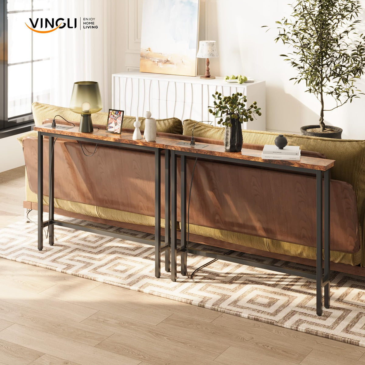 Rustic Brown Narrow Console Table with Power Outlet 2 Pack E2477