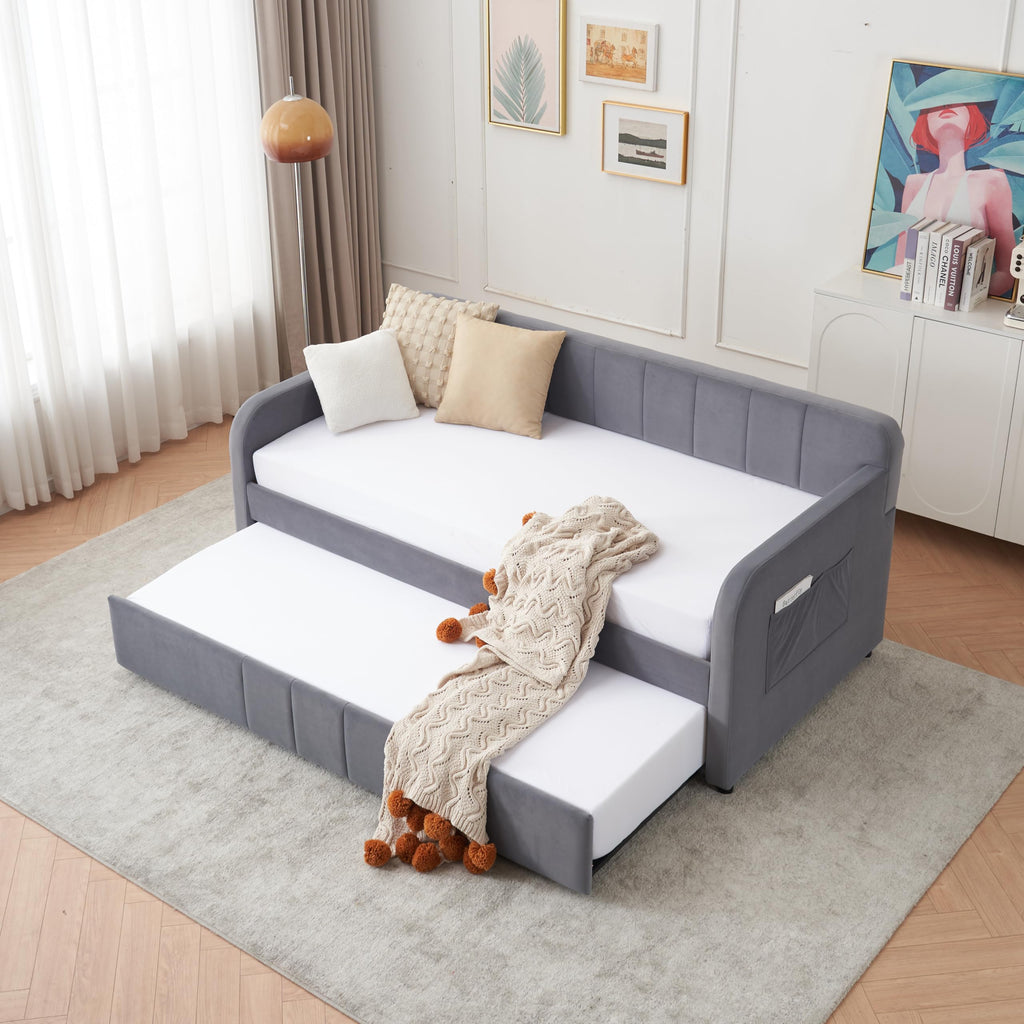 Twin Size Upholstered Daybed with Trundle, Linen Fabric Guest Bed (Gray) J53641