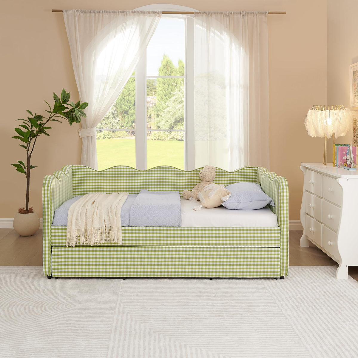 Twin Gingham Upholstered Daybed with Pop Up Trundle Bed O63822
