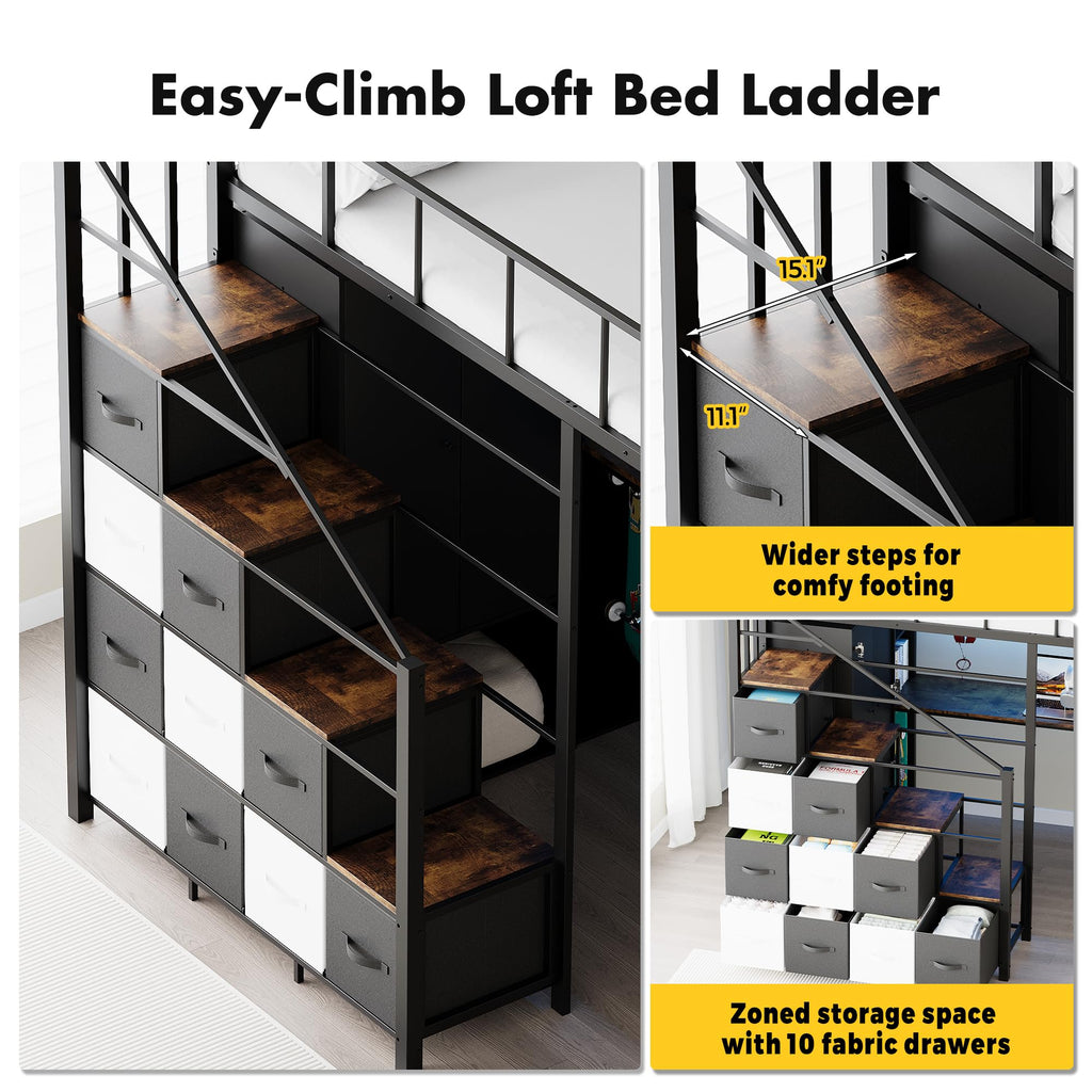 Twin Size Metal Loft Bed with Desk, Stairs, LED Light, Headboard, Guardrail, Charging Station, Closet and Fabric Drawers, Black & Burnt Wood A98893