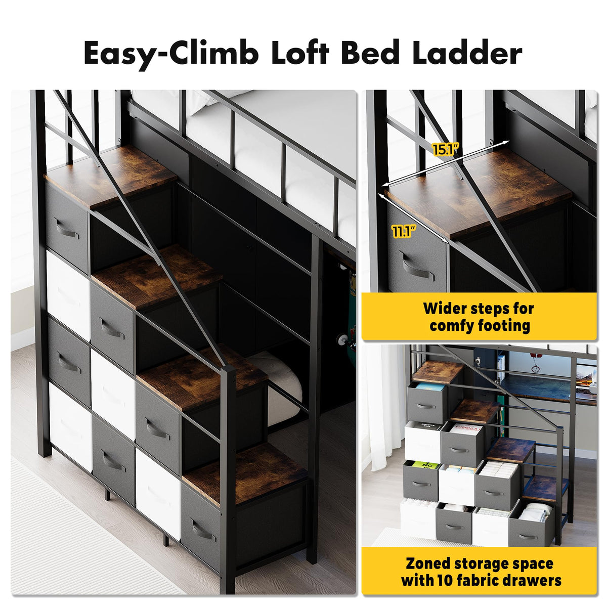 Twin Size Metal Loft Bed with Desk, Stairs, LED Light, Headboard, Guardrail, Charging Station, Closet and Fabric Drawers, Black & Burnt Wood A98893