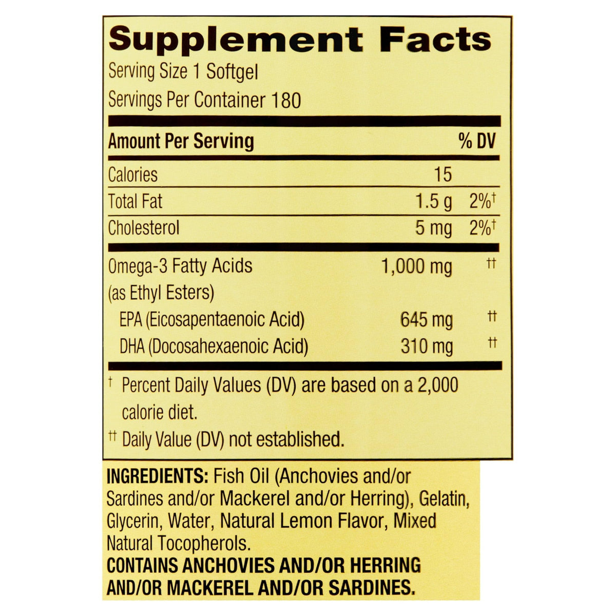 Omega-3 Fish Oil Soft Gels 1000 mg 180 Count Dietary Supplement D5770