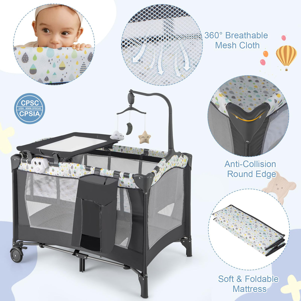 Portable Baby Playard with Bassinet and Changing Table D478334