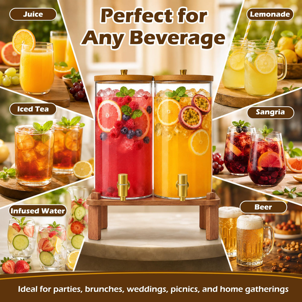 2PCS 1.5 Gallon Glass Beverage Dispenser with Wood Stand W324885