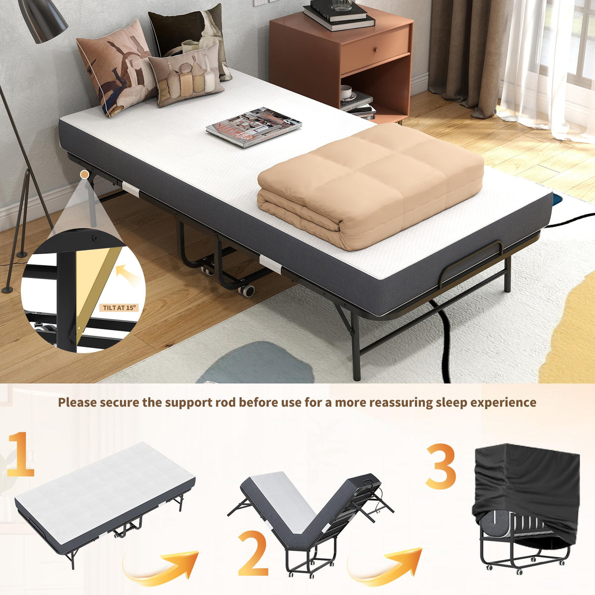 Folding Bed with Mattress, Twin Size, Portable Rollaway Bed on Wheels with Memory Mattress and Metal Frame Y171