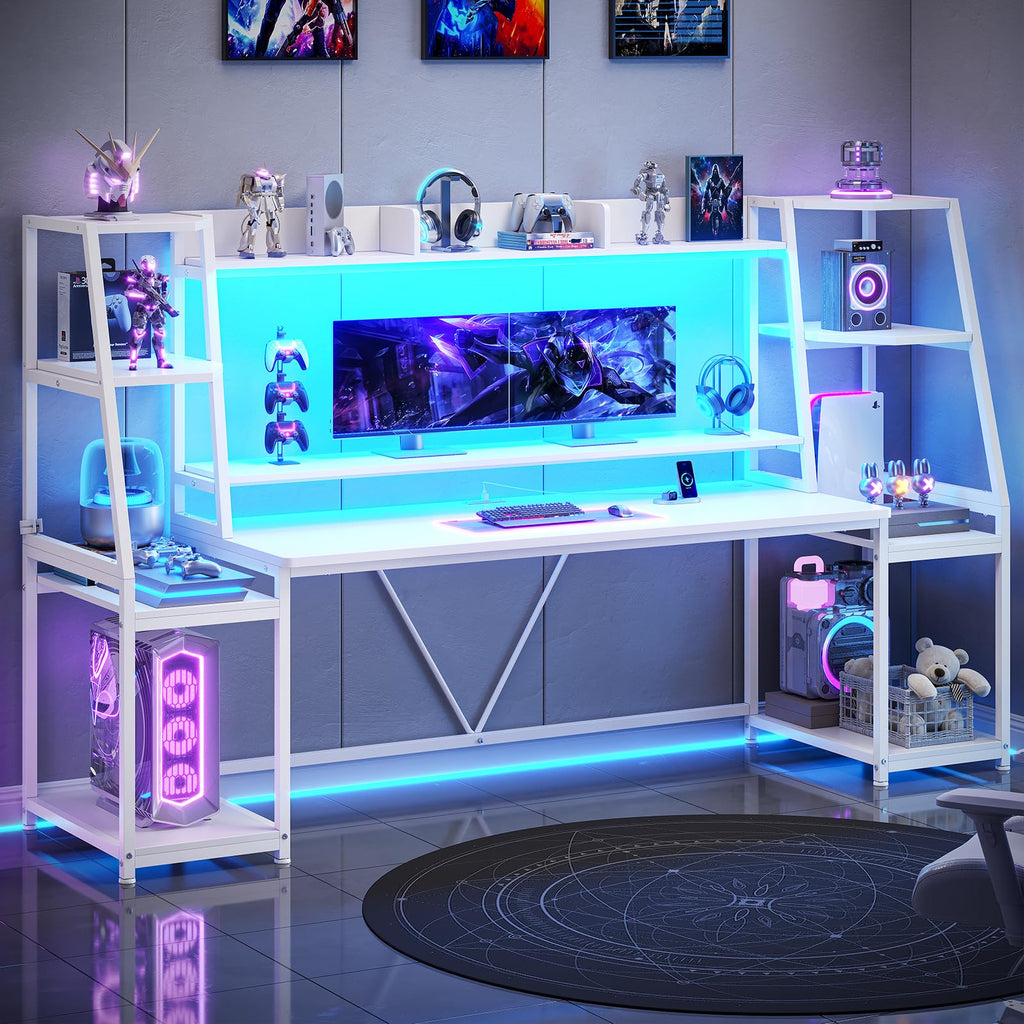 79'' White Gaming Desk with LED Lights and Storage Shelves G481