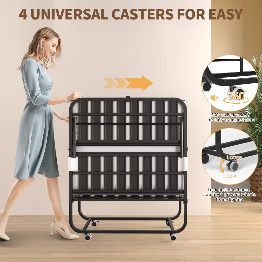 Folding Bed with Mattress, Twin Size, Portable Rollaway Bed on Wheels with Memory Mattress and Metal Frame Y171
