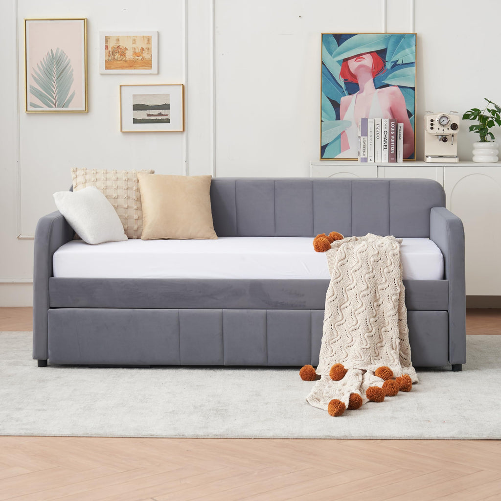 Twin Size Upholstered Daybed with Trundle, Linen Fabric Guest Bed (Gray) J53641
