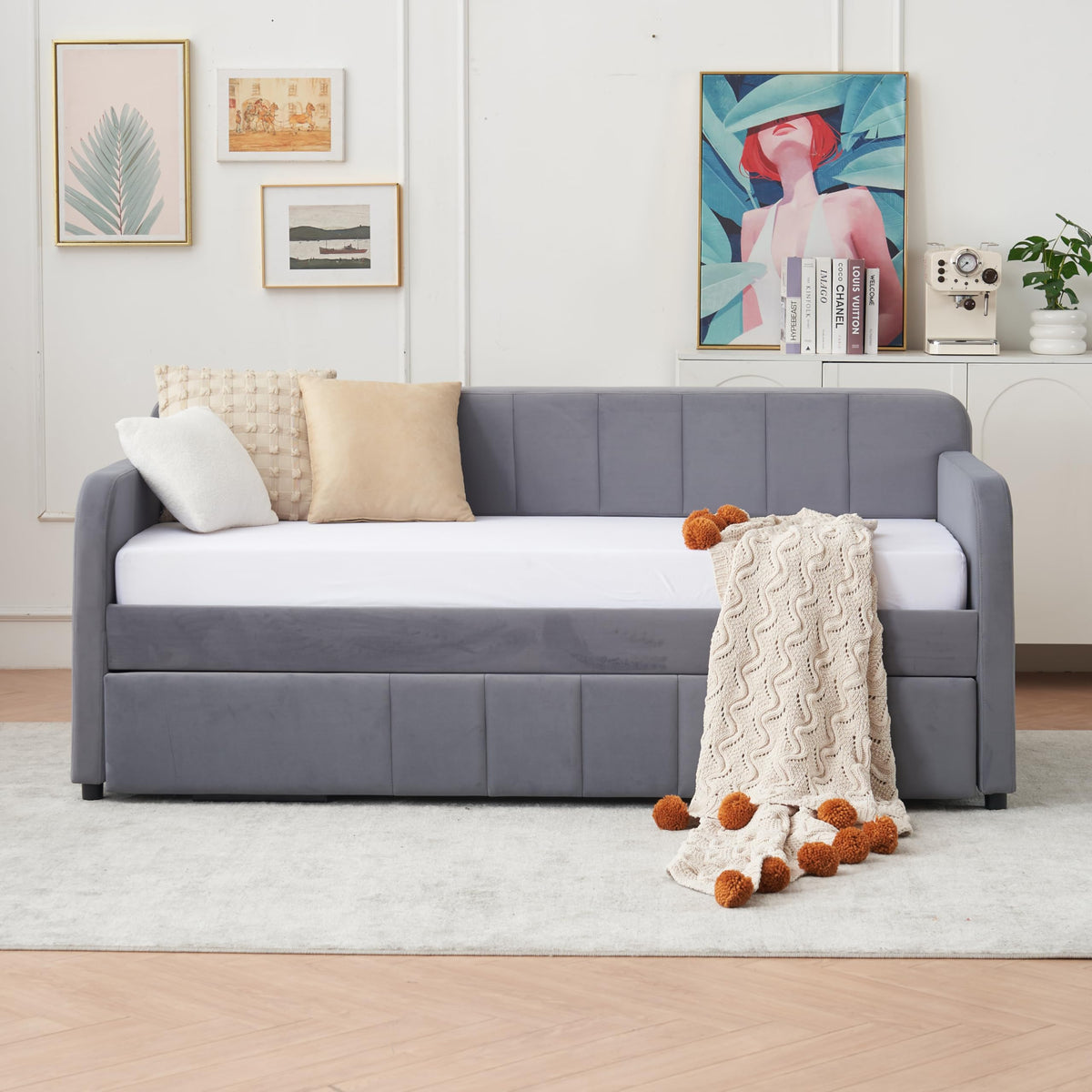 Twin Size Upholstered Daybed with Trundle, Linen Fabric Guest Bed (Gray) J53641