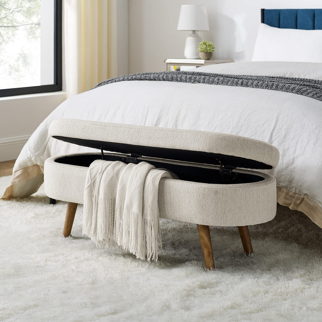 Beige Oval Storage Bench with Rubber Wood Legs I2768
