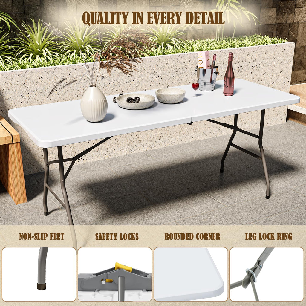 6FT White Folding Picnic Table with Carrying Handle X154