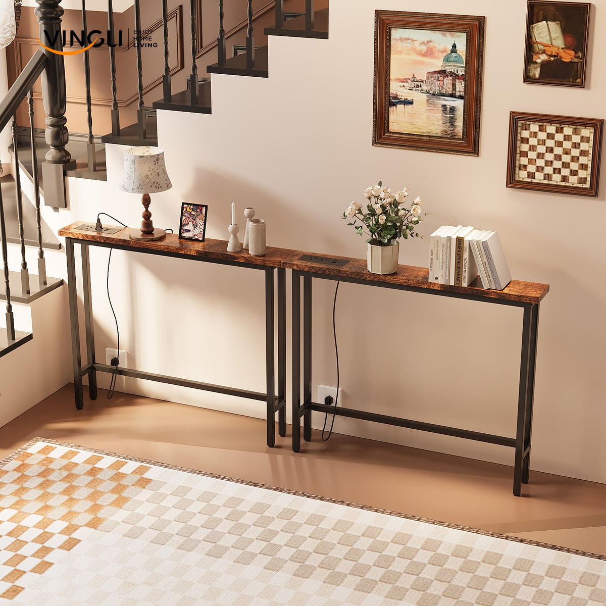 Rustic Brown Narrow Console Table with Power Outlet 2 Pack E2477