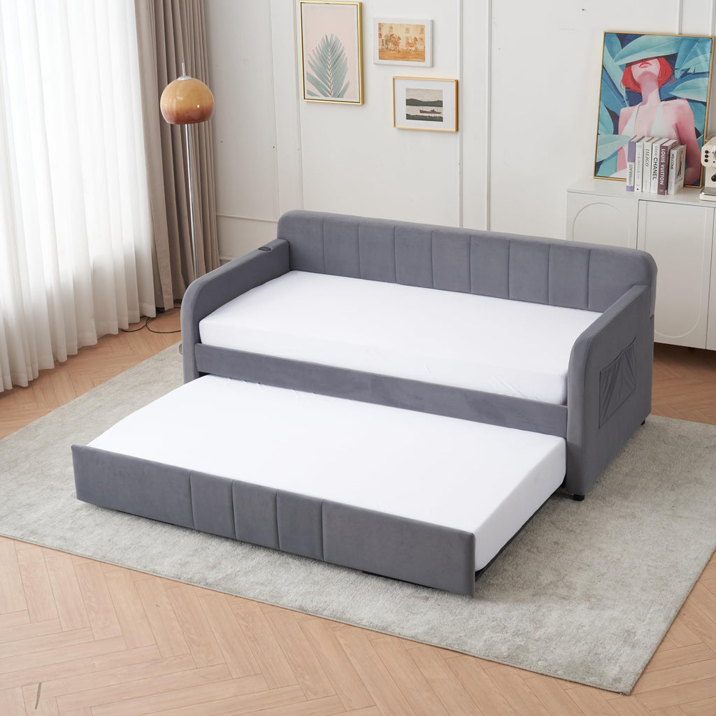 Twin Size Upholstered Daybed with Trundle, Linen Fabric Guest Bed (Gray) J53641