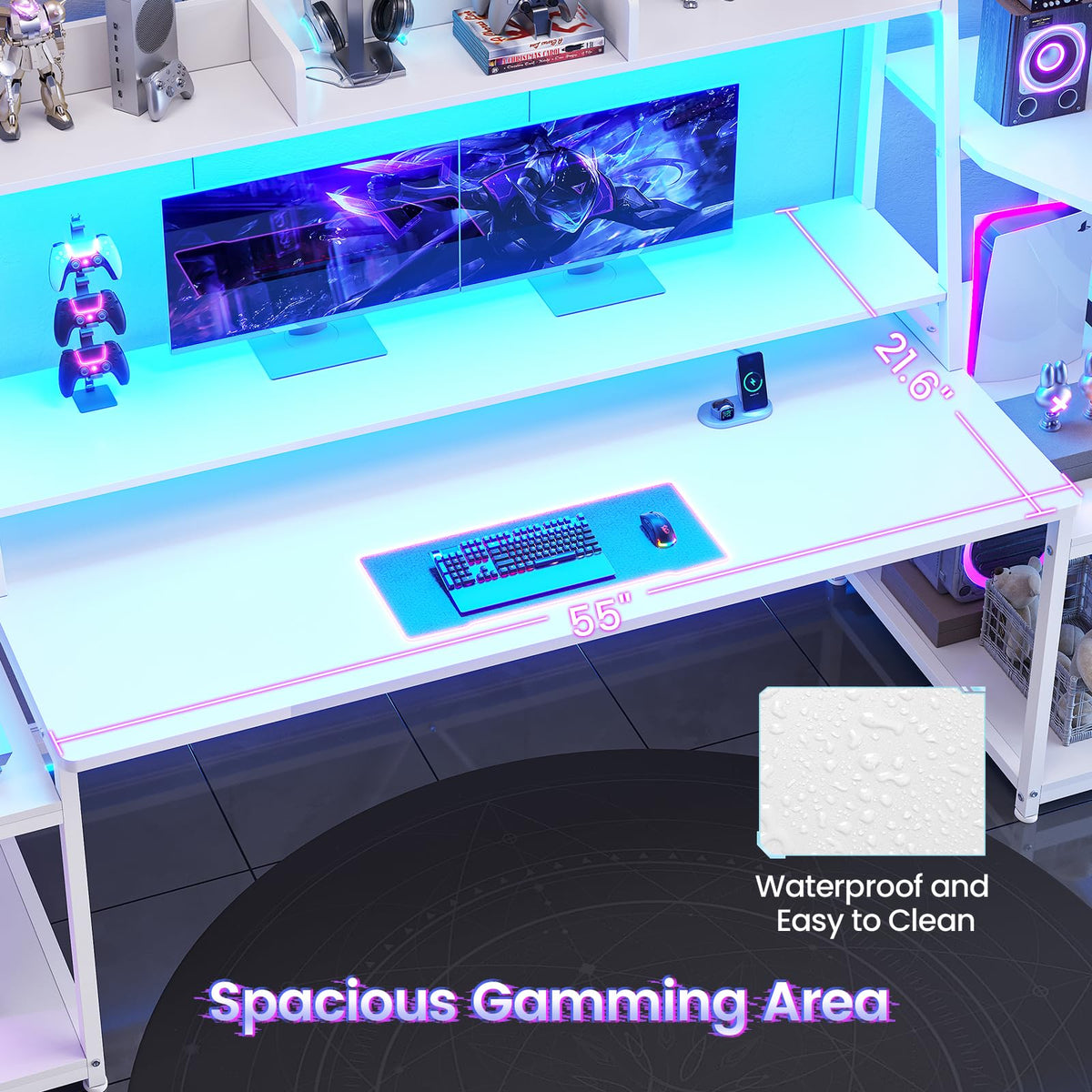 79'' White Gaming Desk with LED Lights and Storage Shelves G481