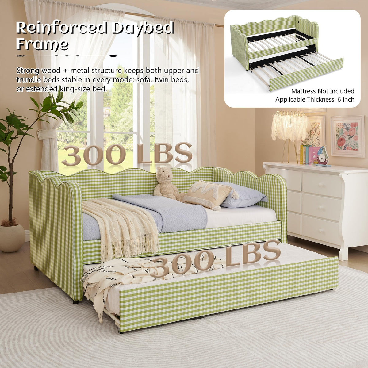 Twin Gingham Upholstered Daybed with Pop Up Trundle Bed O63822
