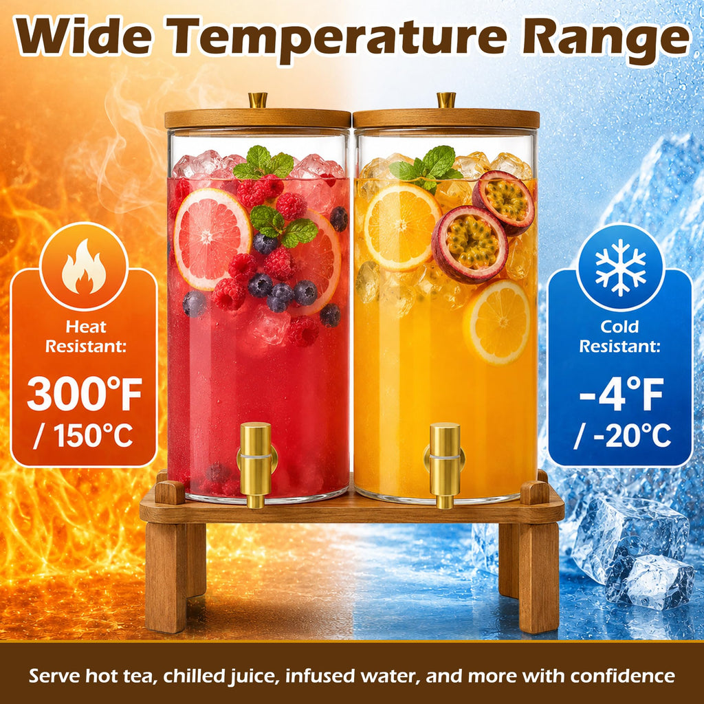 2PCS 1.5 Gallon Glass Beverage Dispenser with Wood Stand W324885