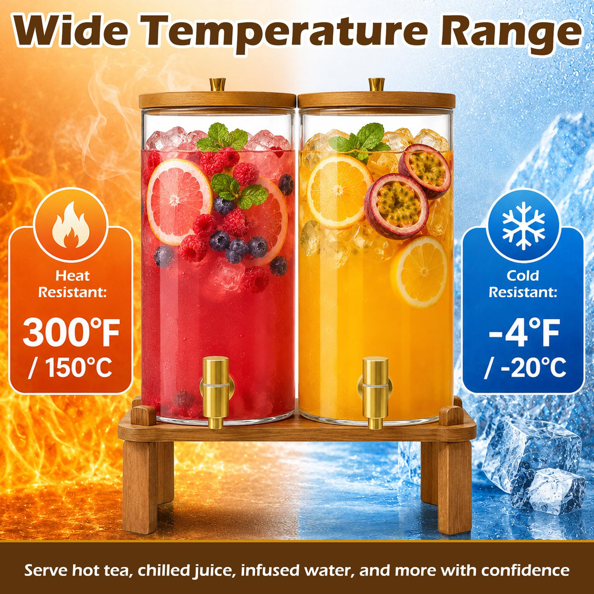 2PCS 1.5 Gallon Glass Beverage Dispenser with Wood Stand W324885