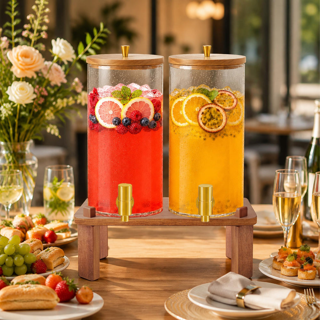 2PCS 1.5 Gallon Glass Beverage Dispenser with Wood Stand W324885