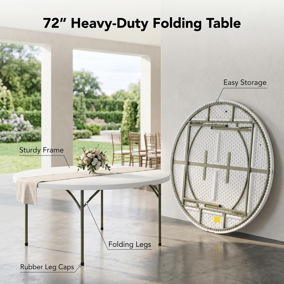 72-Inch Round Folding Tables 5-Pack Heavy-Duty Plastic R349350