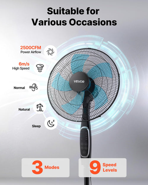 18-Inch Pedestal Fan with Remote Control, 9 Speeds, Oscillating, Black A5742