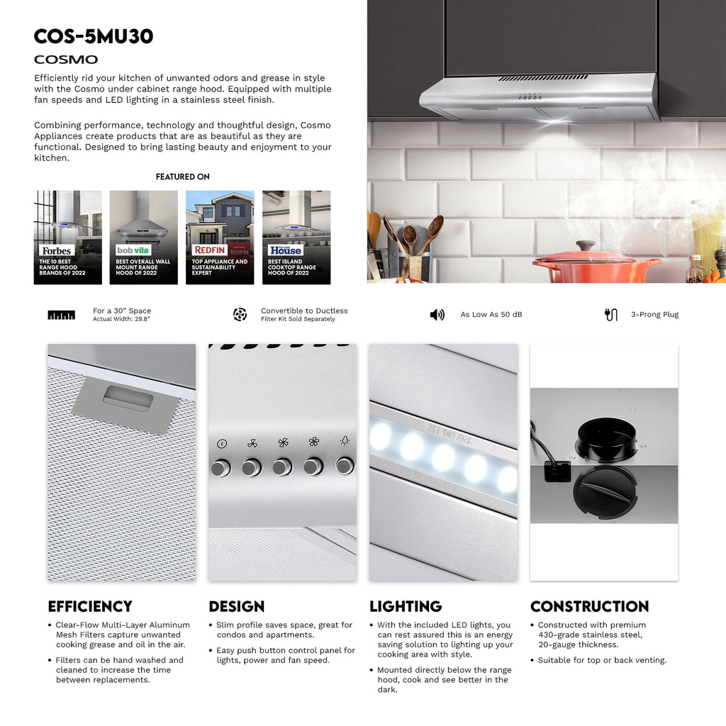 30 in. Under Cabinet Range Hood with LED Lights, Stainless Steel L136547
