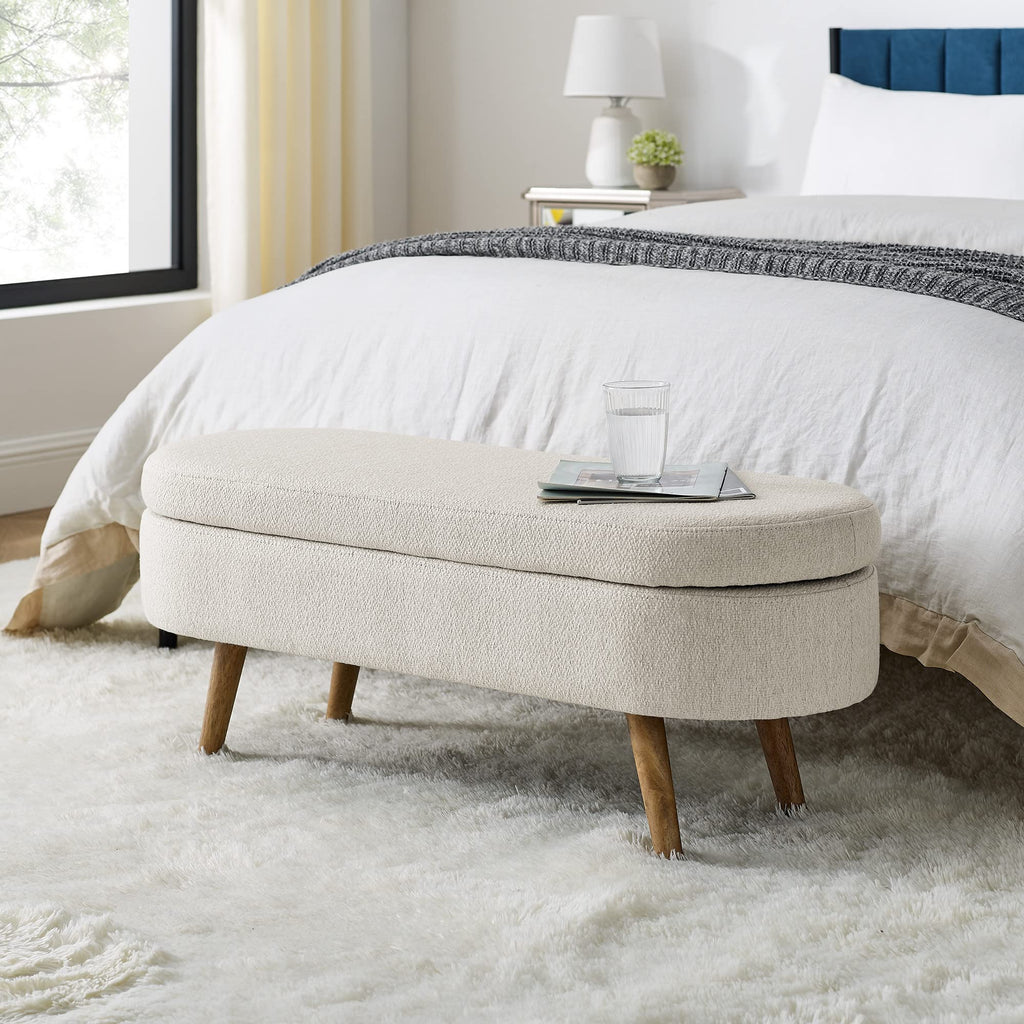 Beige Oval Storage Bench with Rubber Wood Legs I2768