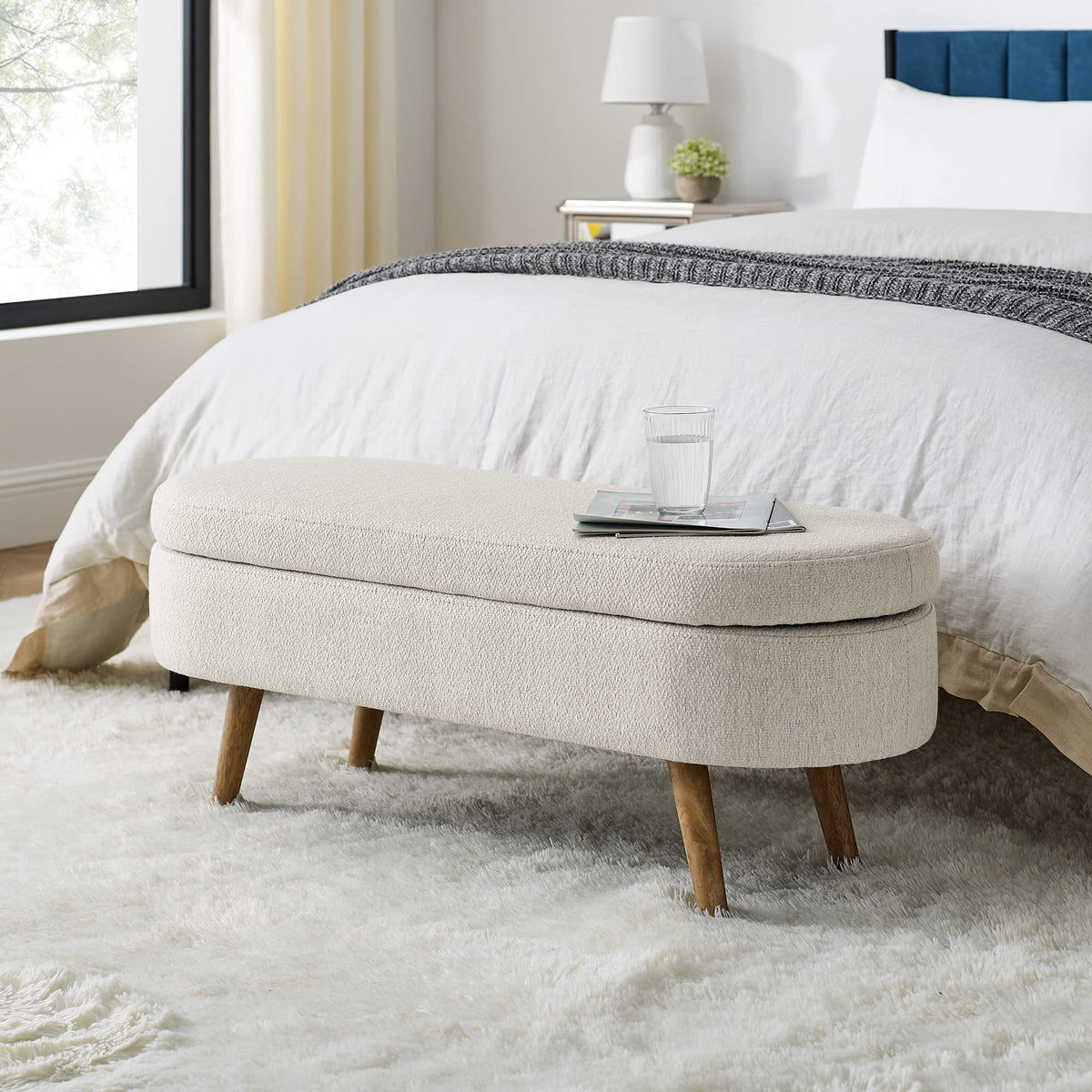 Beige Oval Storage Bench with Rubber Wood Legs I2768