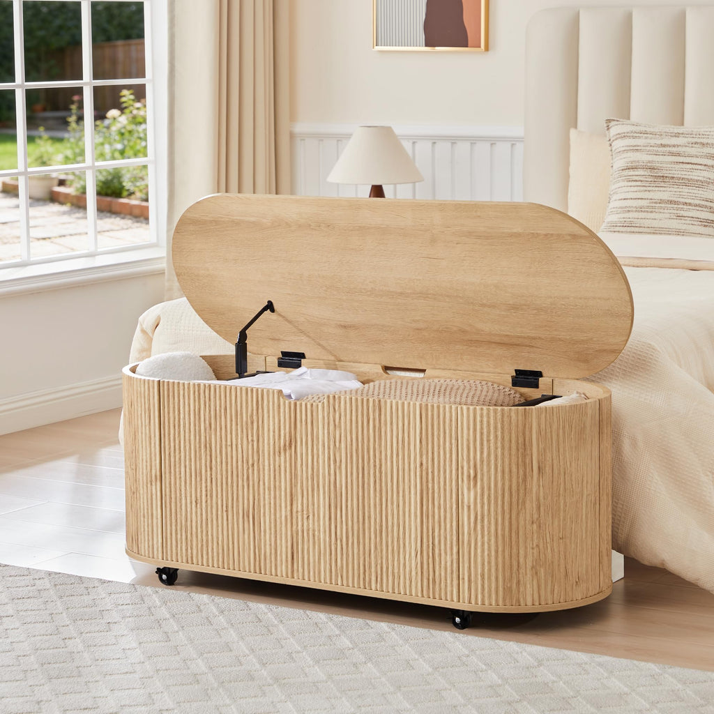 Natural Fluted Storage Bench with 4 Wheels L157