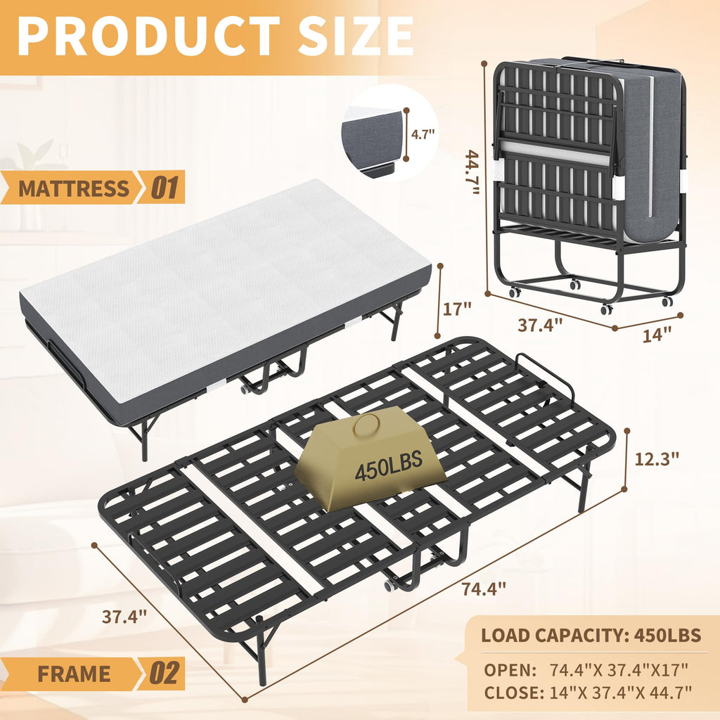 Folding Bed with Mattress, Twin Size, Portable Rollaway Bed on Wheels with Memory Mattress and Metal Frame Y171