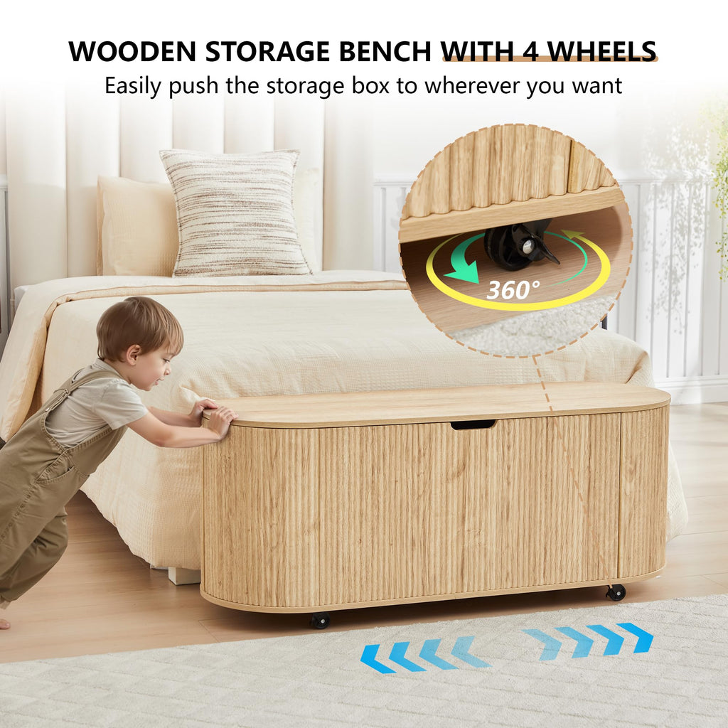 Natural Fluted Storage Bench with 4 Wheels L157
