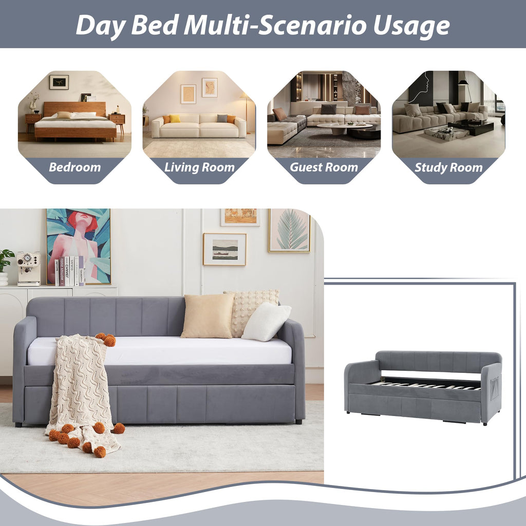 Twin Size Upholstered Daybed with Trundle, Linen Fabric Guest Bed (Gray) J53641